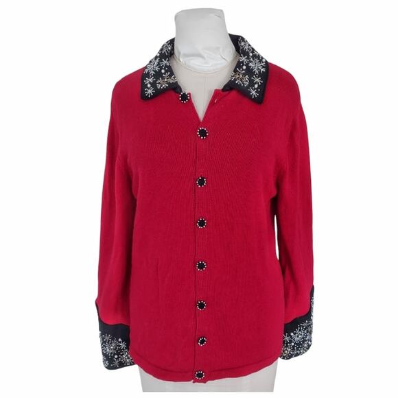 Vintage Red Sweater Jacket Beaded Cuffs Button Down Sz M Christmas Holiday Top - Picture 1 of 14